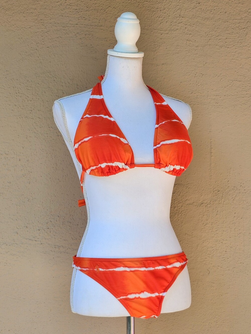 Ralph Lauren Orange & White Tie Dye Two Piece Halter Top / Med Coverage Sz L
